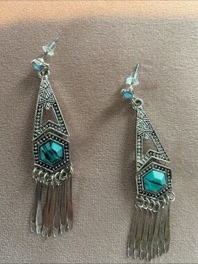 Turquoise Stone Silver-Tone Fringe Drop Earrings - Women Jewelry festival